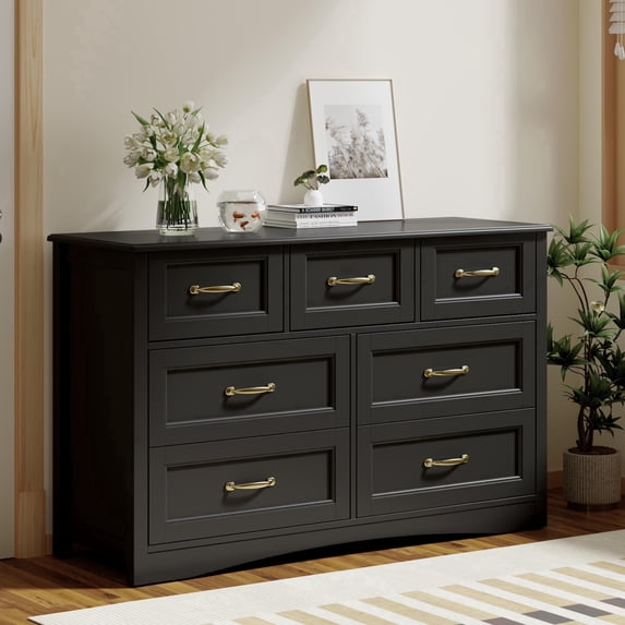 Lofka 7 Drawer Black Double Dresser, Wood Storage Cabinet with Easy Pull Out Handles for Living Room, Chest of Drawers for Bedroom