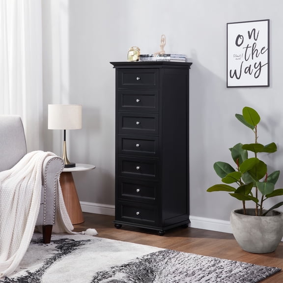 BOUQUETYZ Black 7-Drawer Tall Dresser - Modern Wooden Lingerie Chest with Crown Molding & Chrome Knobs, Narrow Vertical Space-Saving Design for Bedroom/ Living Room (Black 51 inches)