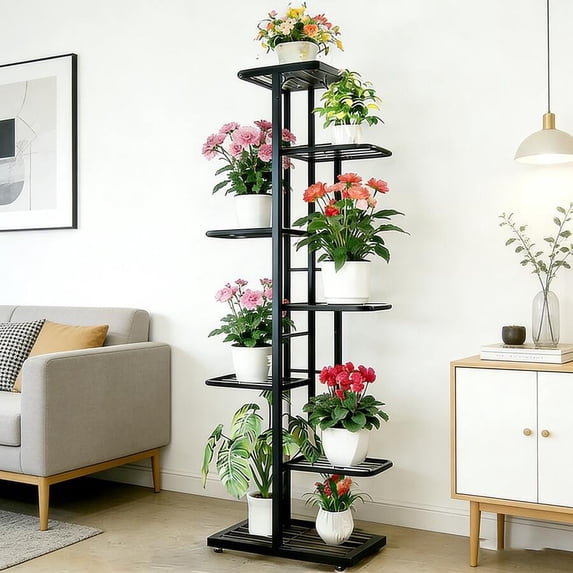 Black 7-Layer Metal Plant Stand - Heavy-Duty Iron Flower Rack For ...