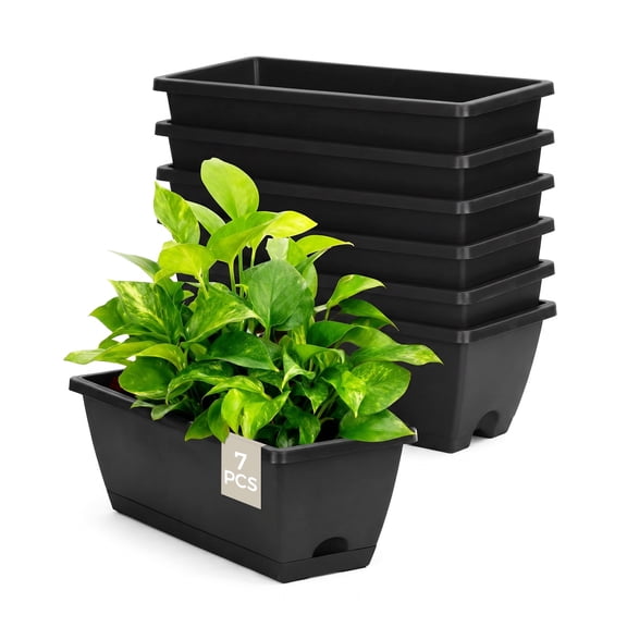Black 7 Pack Window Box Planters – 43 cm Rectangular Plastic Flower Pots with Drainage Holes & Trays for Windowsill, Patio, Porch, Vegetable Gardening