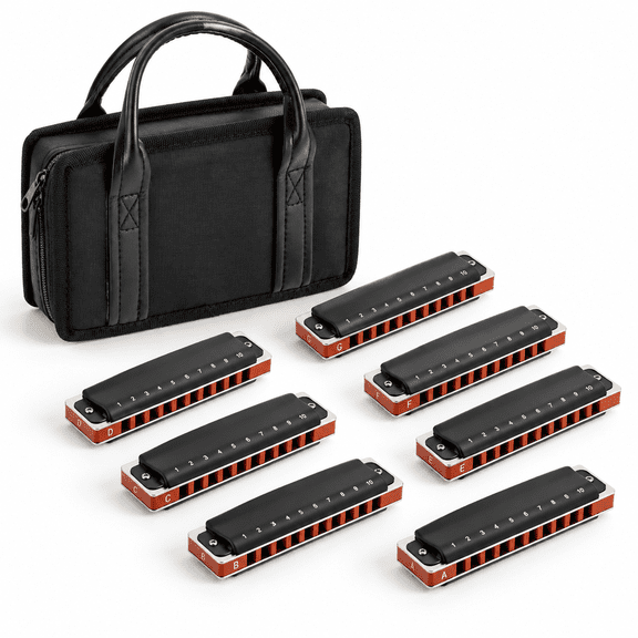 Black 7-Piece 10-Hole Diatonic Harmonica Set with Carrying Case for Beginners and Professionals