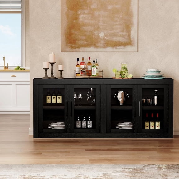 Black 70.8" Mid-Century Glass-Door Sideboard Buffet, 4 Tempered Glass Cabinets, Adjustable Shelves, 150Lb Capacity, Credenza for Dining Room, Living Room, Hallway