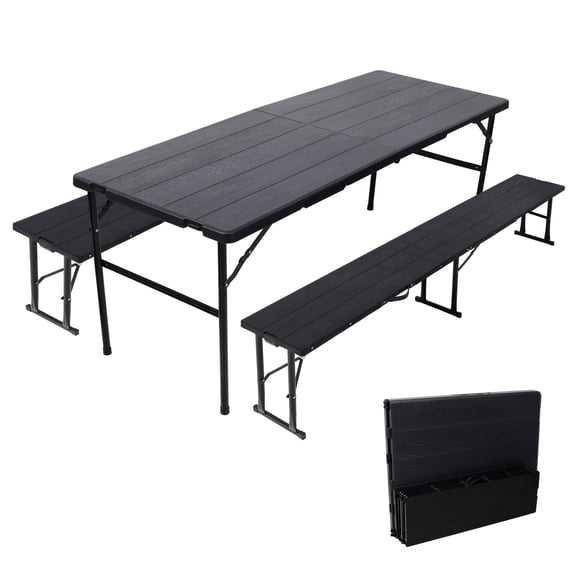 Black 70 Inch 3Piece Portable Folding Picnic Table Set with 2 Benches, WoodGrain Tabletop IndoorOutdoor Furniture for Camping Backyard Wedding Gatherings