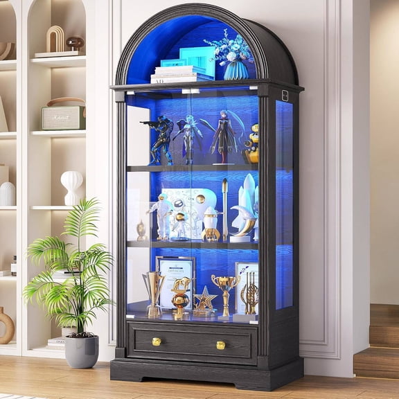 Black 72" Arched Glass Display Cabinet with Motion Sensor Lights, 4-Tier Curio Cabinet for Collectibles