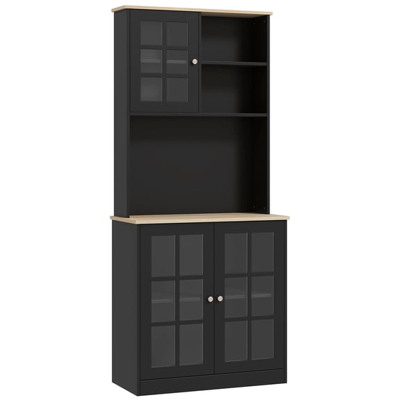 Black 72-Inch Wood Coffee Bar with Adjustable Shelves and Glass Doors for Kitchen Convenience