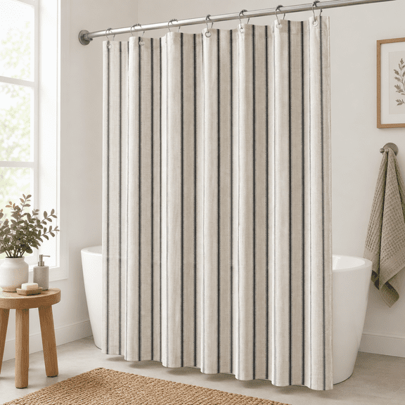 Black 72"W x 72"L Farmhouse Striped Linen Blend Shower Curtain