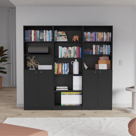 Black 74" Wide 3-Piece Bookcase - Discreet Storage to Hide Clutter - Office Environment - Coordinated Look