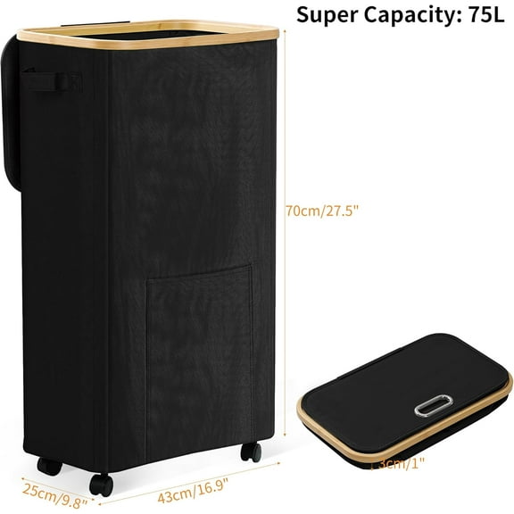 Black 75L Rolling Laundry Basket with Wheels & Lid - Tall Hamper for Laundry Room, Dorm & Bathroom