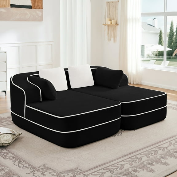 Black 77.2" Teddy Fabric Boneless Sofa, 32D High-Density Sponge, Double Chaises & Contrast Color Design
