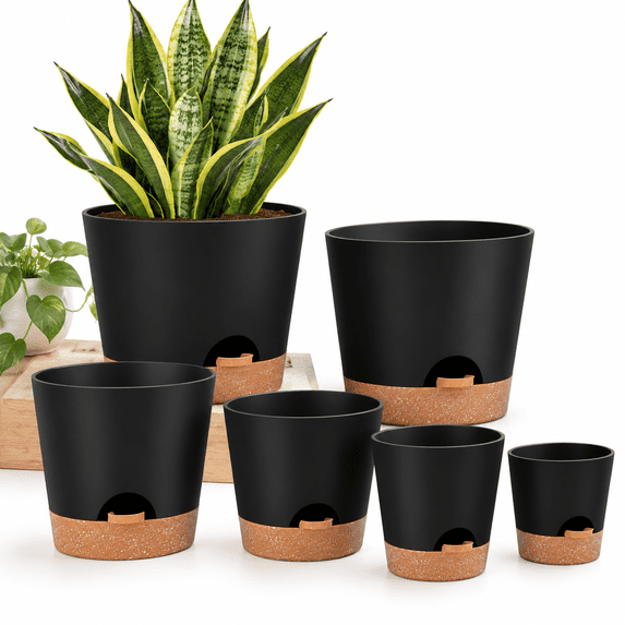 Black 8+7+6.5+6+5.5+5 Inch Plastic Self-Watering Indoor Planter Set ...