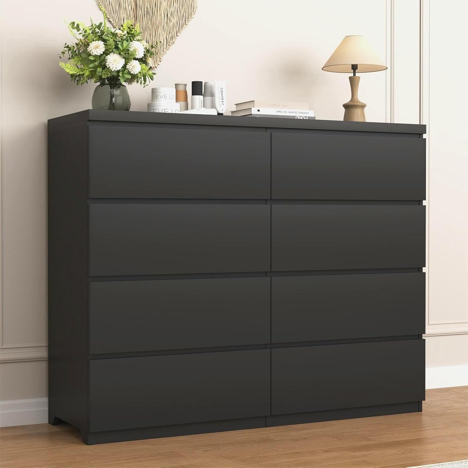 Black 8-Drawer Dresser for Bedroom, 47.2" Wide High Gloss Lacquer Chest ...