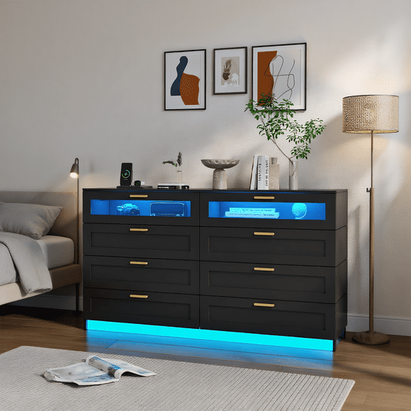 Modern Black 8-Drawer Dresser with Charging Station & LED Lights, Double Wide Chest of Drawers, Storage Cabinet for Bedroom, Living Room & Entryway