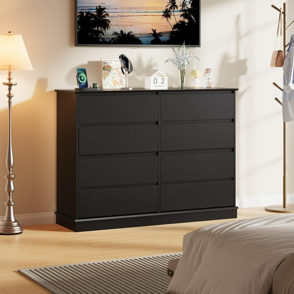 Black 8 Drawer Dresser, Double Wide Chest of Drawers with Deep Storage & Wide Top, Horizontal Wooden Dresser for Bedroom, Living Room, Hallway or Kids Room