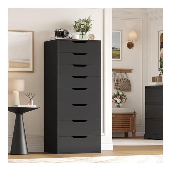 Black 8 Drawer Dresser, Tall Narrow Dresser with Handles, Modern Chest of Drawers for Bedroom, Home Office, Large Storage