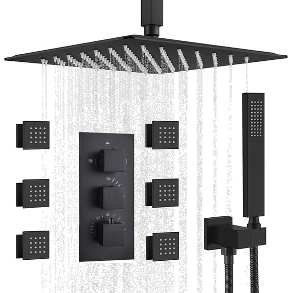 Black 8" LED Thermostatic Shower System Body Jets Rainfall Shower Faucet Ceiling