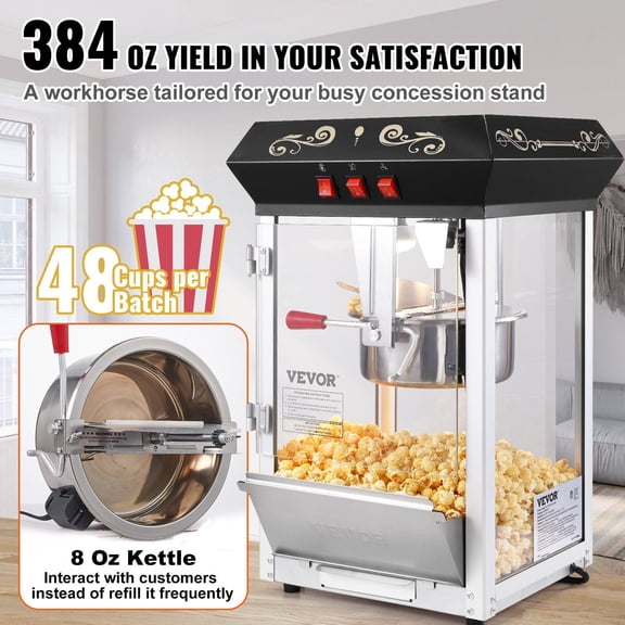 Black 8 Oz Popcorn Popper Machine, 48 Cups 850W Countertop Popcorn Maker