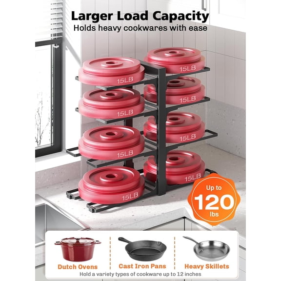 Black 8-Tier Heavy-Duty Pots & Pans Organizer – 15.83" Height Under-Cabinet Rack, Adjustable Storage for Frying Pans & Cast Iron Skillets