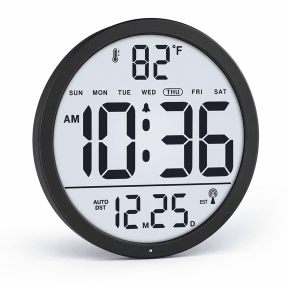 Black 8-inch Self-setting Atomic Digital Wall Clock with Temperature Display