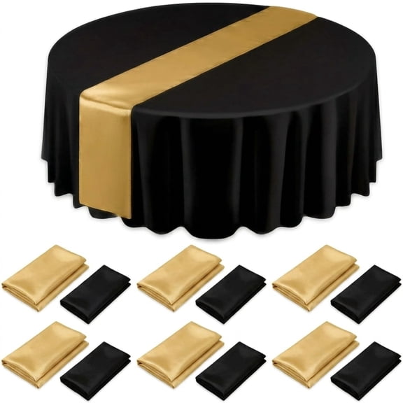 Black 84" Round Tablecloth with 12"×108" Gold Runner, 6 Sets (12Pcs) Party Table Runner for Party Christmas Wedding Birthday