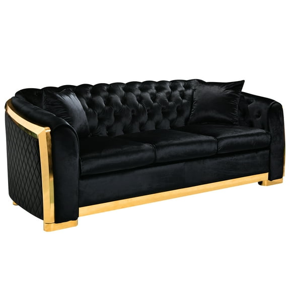 Black 84-inches Luxury Couch: Velvet 3 With Gold Stainless For Living Area 84-inch : Stainless,
