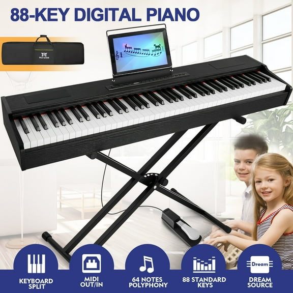 Black 88Keys Electric Digital Piano Keyboards Fully Weighted Hammer Action with Sustain Pedal,Stand,Portable Case