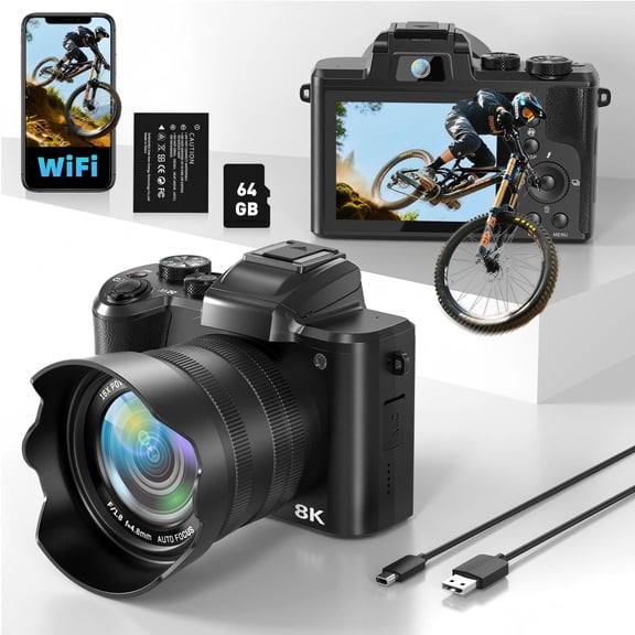 Black 8K Digital Camera 88MP Autofocus WiFi Vlogging Camera for Photography with Front and Rear Lens, Flash, Touch Screen, Lens Hood