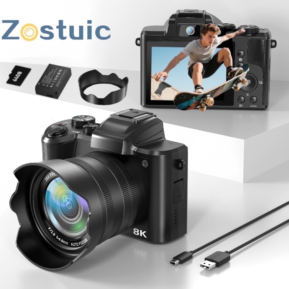 Black 8K Digital Camera 88MP Autofocus WiFi Vlogging Camera for Photography with Front and Rear Lens, Flash, Touch Screen, Lens Hood