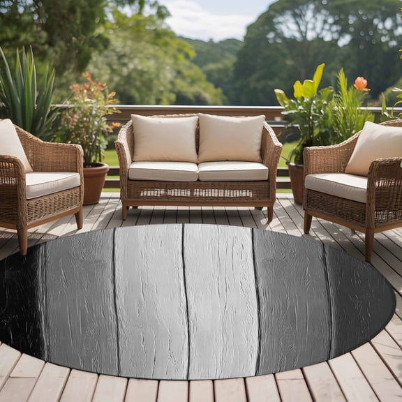 Black And 8ft Round Rug for Open Concept Living Room Seating Zone, White Grey Gradient Wood Grain Farmhouse Striped Washable Non Slip Large Circle Area Rug