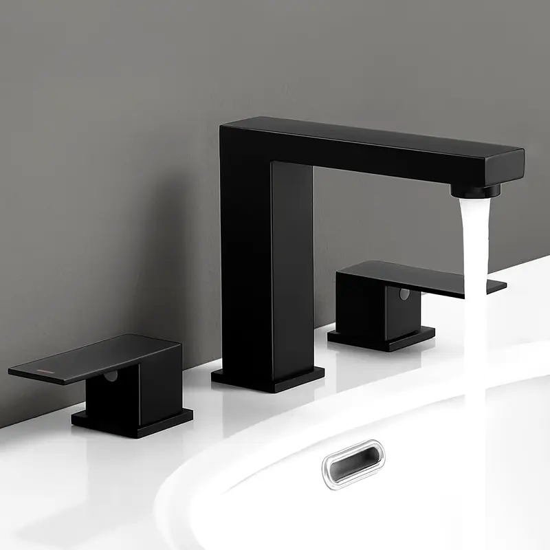 Besdor Matte Black Waterfall Bathroom Faucet - 8" Widespread, 2 Handle, With Pop Up Drain
