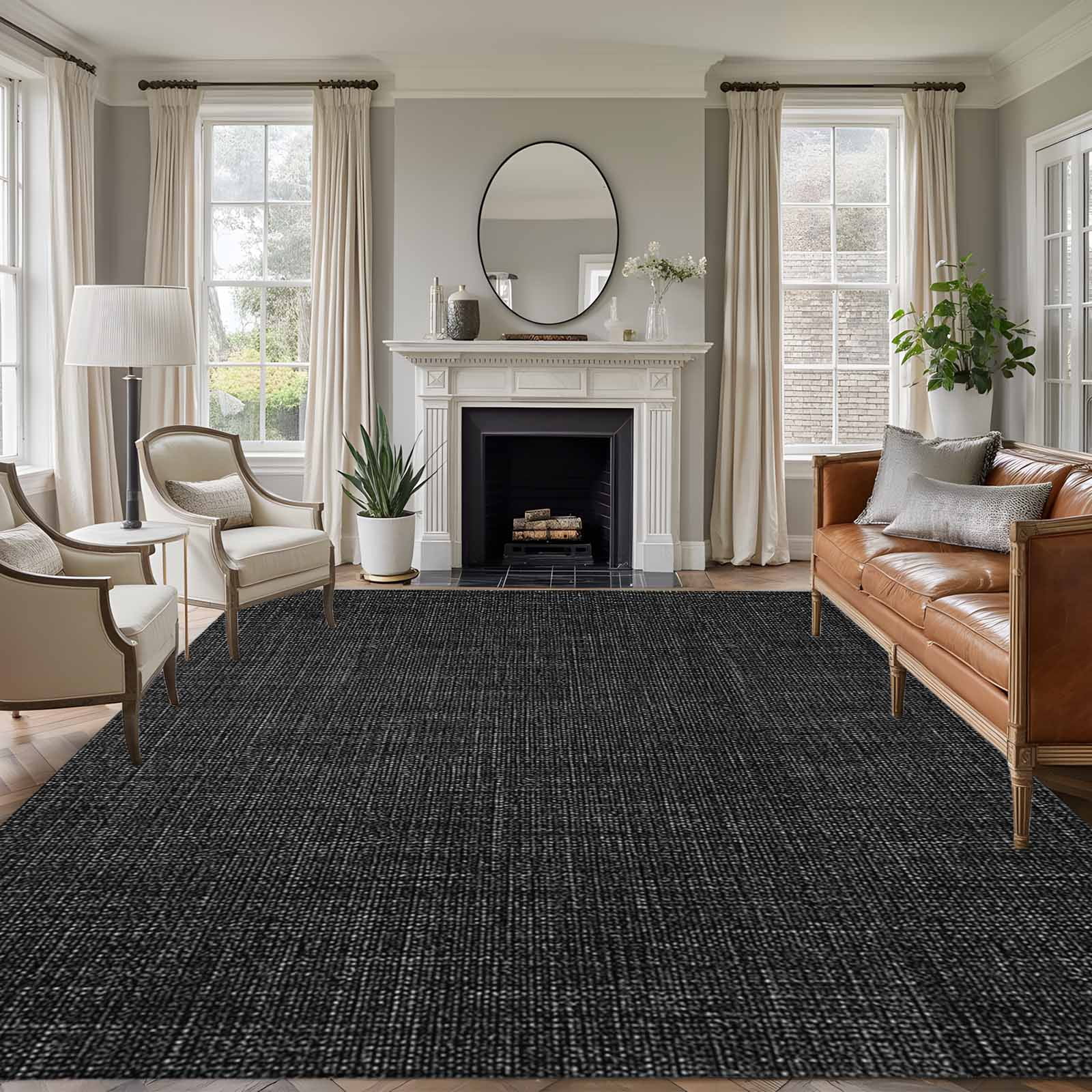 Black 8x10 Area Rugs, Farmhouse Burlap Solid Black Color Modern Linen Texture Non-Skid Rubber Backing Large Rectangle Rugs - Living Room Bedroom Home Office, Indoor Floor Mat Carpets Washable Rug