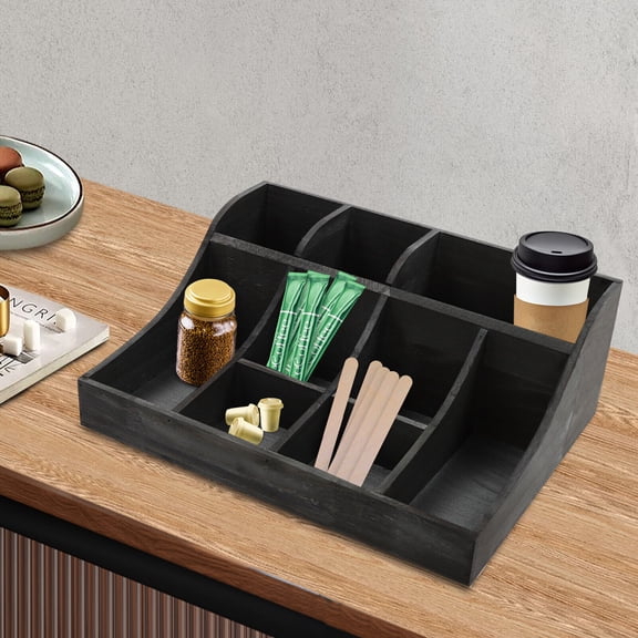 9 Compartment Condiment Organizer Wooden Coffee Tea Bags Condiment Storage Case