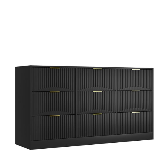 Black 9 Drawer Dresser, 63" Large Deep Chest of Drawers, Wooden Dresser Storage Cabinet with 9 Drawers for Bedroom, Long Dressers for Living Room, Hallway, Drawer panel with wavy patterns