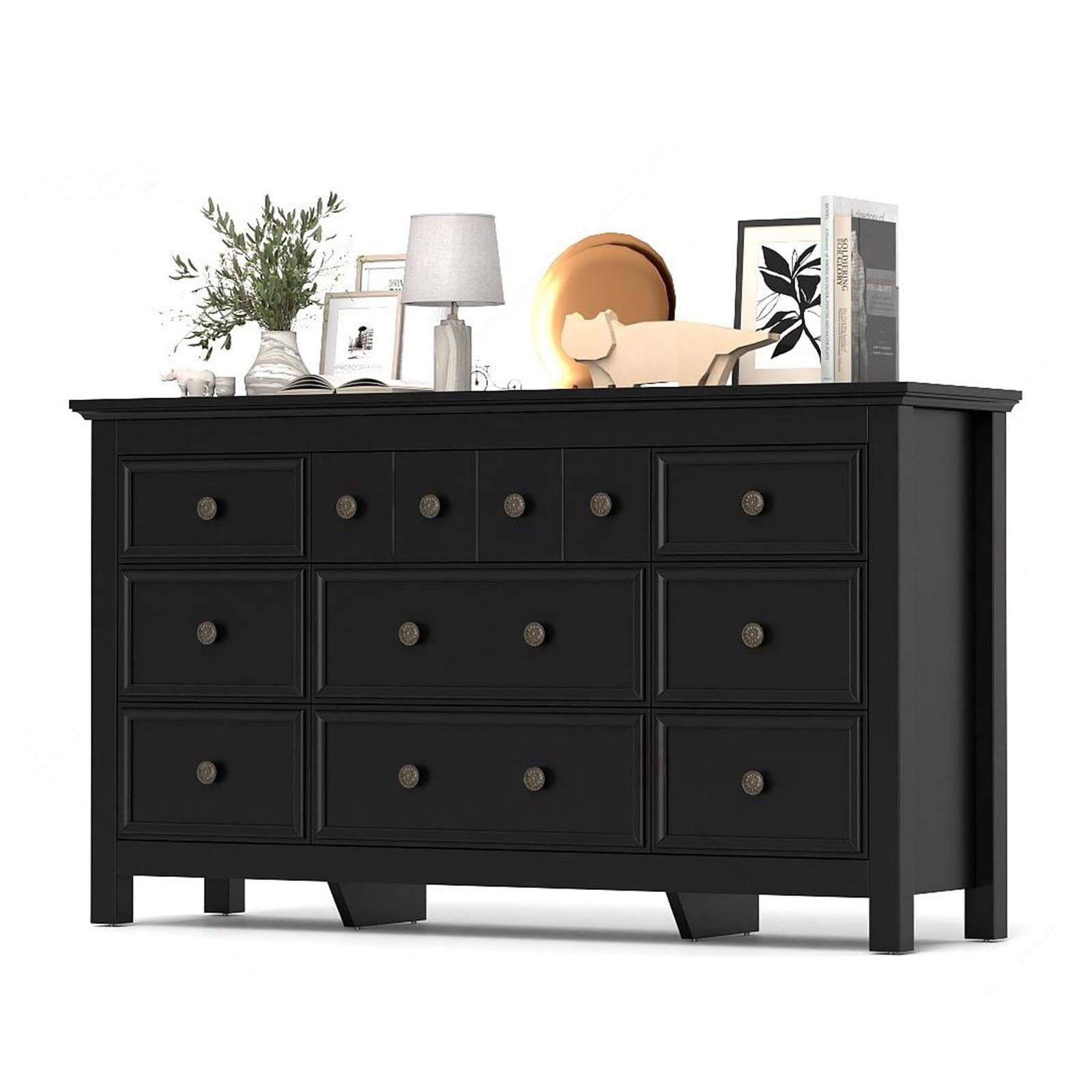 Black 9 Drawer Horizontal Combo Dresser for Bedroom, Modern Chest of ...