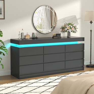 Black 9 Drawers Dresser with Charging Station and LED Lights for Bedroom, Modern Chest of Drawers for Closet, Wide Dresser Organizer for Bedroom, Living Room, Entryway