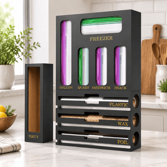 Black 9-in-1 Kitchen Drawer Organizer Rack for Foil, Plastic Wrap and Food Storage Bags