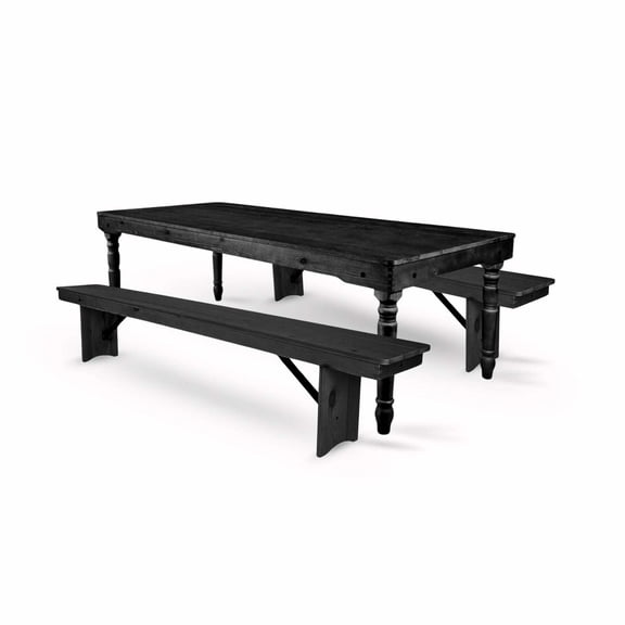 Black Fluted Leg Farm Table Dining Set with 2 Benches by Chivari