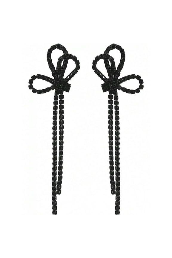 Black-A Bow Earrings For Women Rhinestone Long Tassel Drop Earrings Sparkly Ribbon Bow Dangle Jewelry