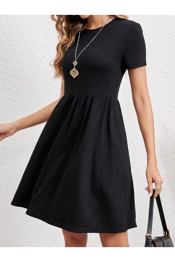 Black A-Line Short Sleeve Round Neck Dress For Women