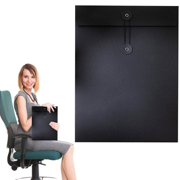 Black A4 Paper Document Envelope with String and Button Closure for Office and School Filing
