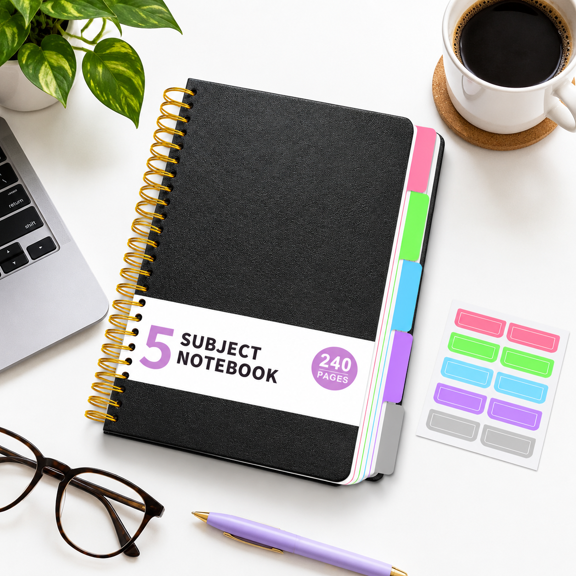 Black A5 5 Subject College Ruled Hardcover Spiral Notebook with Pocket Dividers