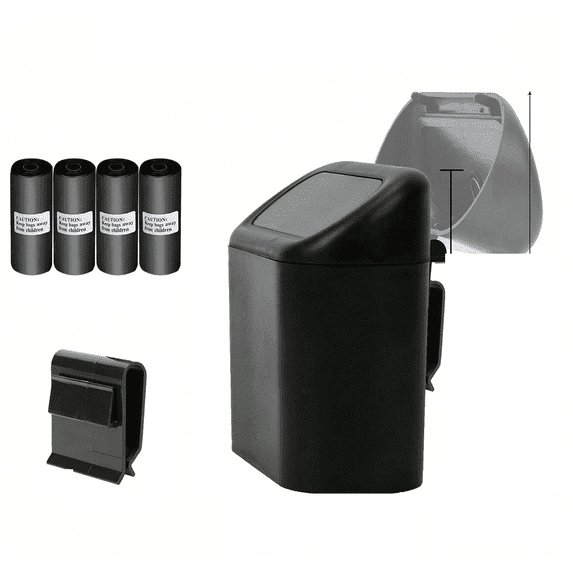 Black ABS Car Trash Can and 4 Rolls of Garbage Bags (15 per Roll, 60 Garbage Bags in Total)