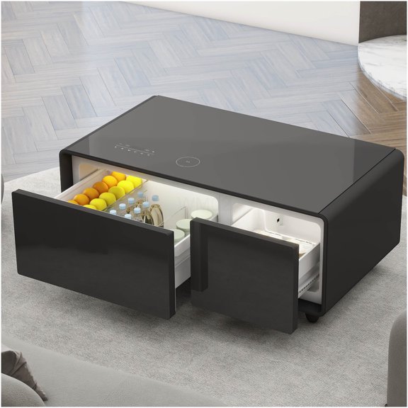 Black ABS Smart Coffee Table with Fridge, Bluetooth Speaker, Wireless Charging, Touch Control Panel, USB-C Port, RGB Light for Modern Living Room