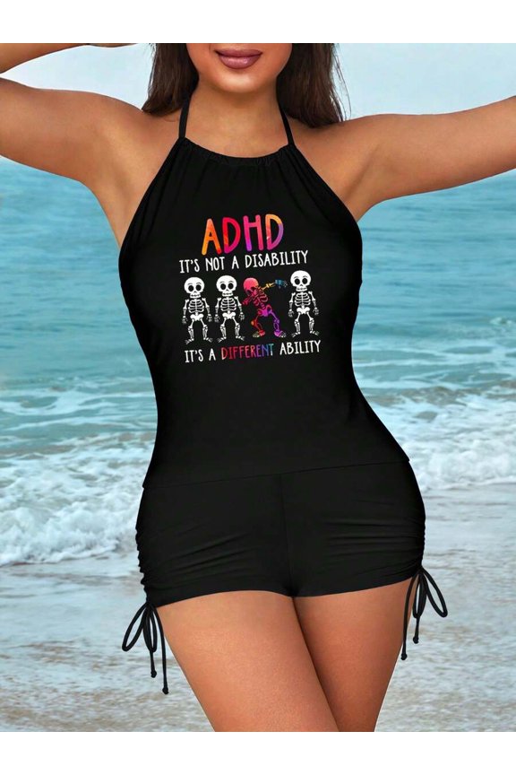 Black ADHD Awareness Graphic Tankini Set With Drawstring Shorts