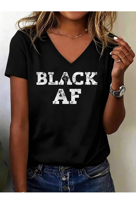 Black AF! Black is Beautiful! African American V Neck T-Shirt Cotton Women's V Neck Graphic Tee, Casual Short Sleeve Shirt,Vacation Outfit