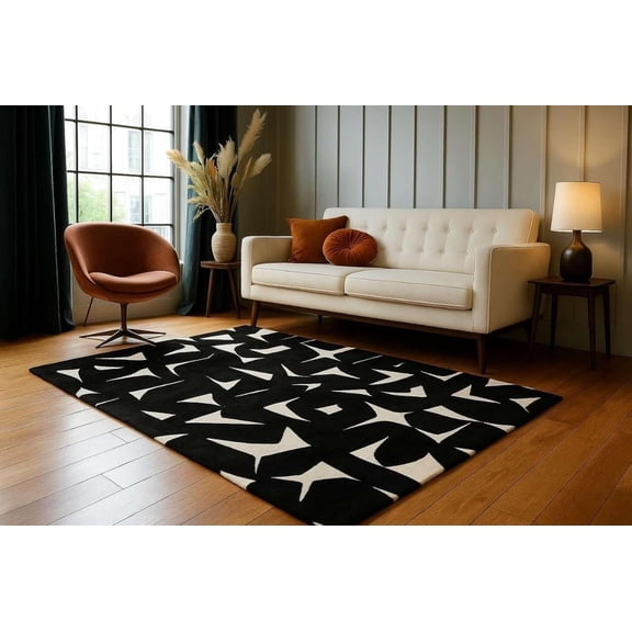 Black Abstract Area Rug 6×9 ft – Hand Tufted 100% New Zealand Wool Carpet, Modern Designer Rug for Living Room & Bedroom Decor