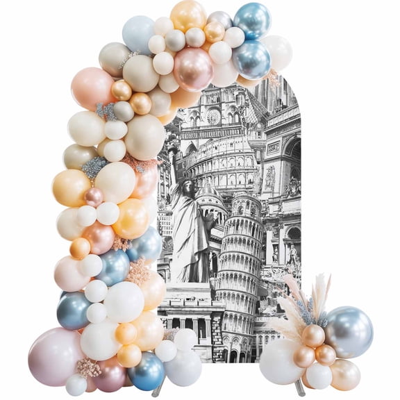 Black Abstract Art Arch Backdrop Cover 4 FT Classical World-famous Buildings Collage Stretchy Elastic Arch Stand Covers Spandex Arched Background Birthday Wedding Party Decoration (No Stand)