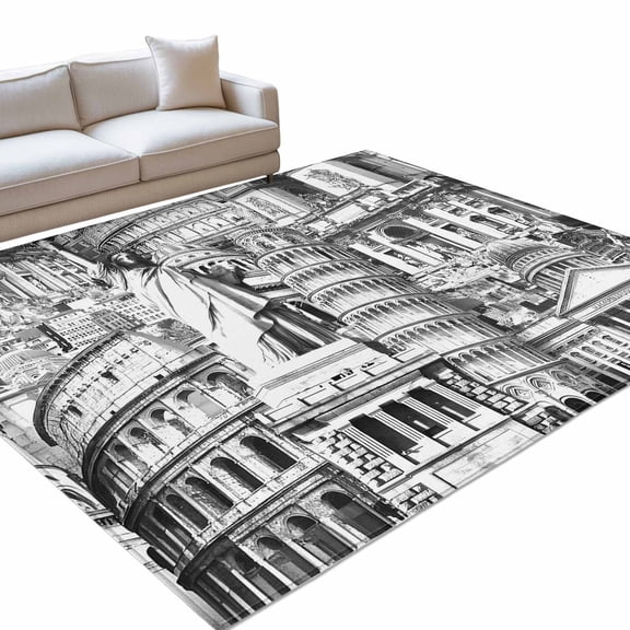 Black Abstract Art Area Rugs 6x9ft Classical World-famous Buildings Collage Floor Rug Non Slip Low Pile Ultra Soft Throw Carpet for Entryway Indoor Entrance Kitchen Bathroom