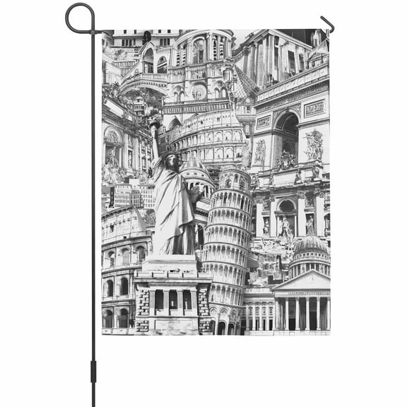Black Abstract Art Garden Flag 12 x 18 Inches, Classical World-famous Buildings Collage Weather Proof Outdoor Patio Flags Double Sided Small Garden Decoration for Yard Outside Home