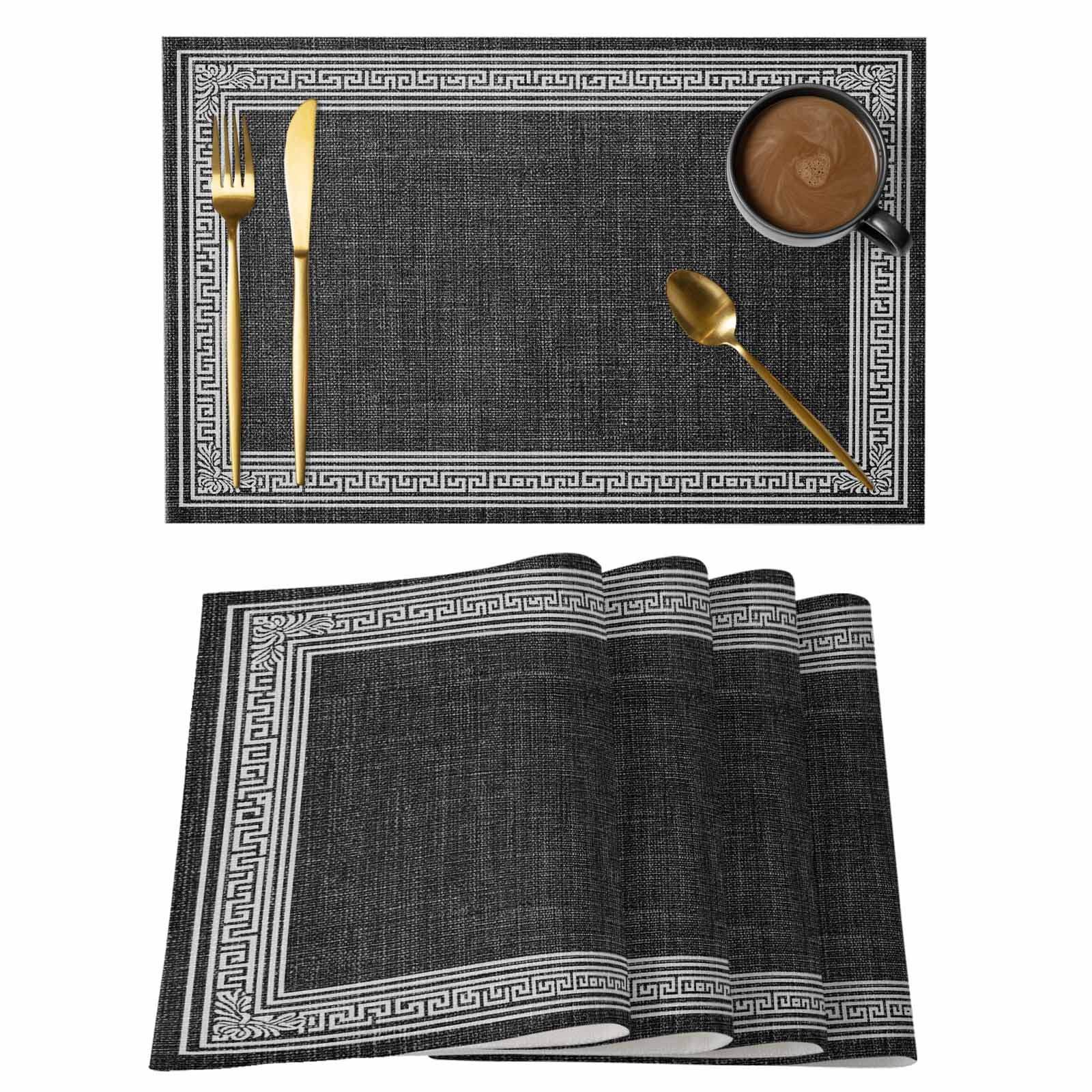 Black Abstract Art Placemats Set of 1 Vintage Linen Greek Key Geometric ...