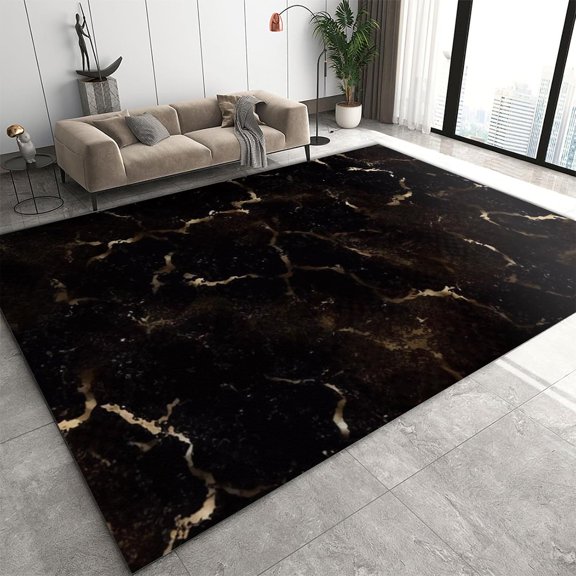 Black Abstract Background Area Rugs 2'x3', Golden Crackle Marble Carpet for Living Room Bedroom, Soft Washable Art Deco Rug for Dining Table Farmhouse Home Office Floor Rug